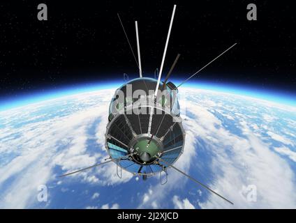 Raumschiff Vostok1 auf der Erdumlaufbahn. 3D Rendern des Hintergrunds. 3D Abbildung Stockfoto