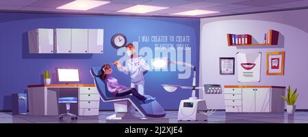 Zahnarztzimmer mit Frau im Stuhl und Arzt sitzen. Vector Cartoon Illustration mit Zahnarzt und Mädchen Patienten in Stomatologie Büro in Klinik oder Hospiz Stock Vektor