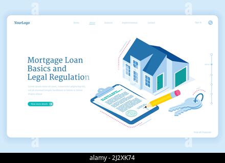 Hypothekendarlehen Regulierung isometrische Landing Page. Cottage House mit Schlüssel und Vertrag Dokument für Zeichen. Hypothec Schulden Grund-und Rechtsausgleich, Pers Stock Vektor