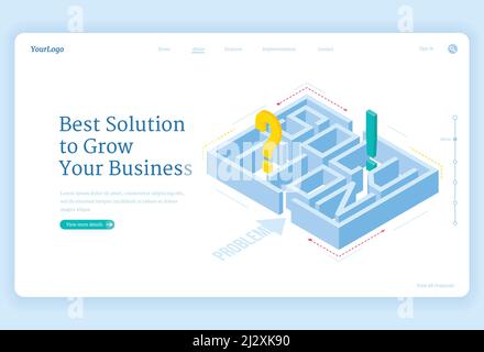 Beste Lösungen für Unternehmen wachsen isometrische Landing Page mit Labyrinth und Frage oder Ausrufezeichen im Inneren, Labyrinth Herausforderung, Ziel Achievement strat Stock Vektor