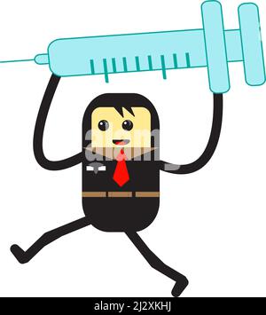 Karikatur mit Impfstoffspritze zur Bekämpfung des Corona-Virus, Covid 19. Vektor flach Cartoon Figur Illustration. Stockfoto