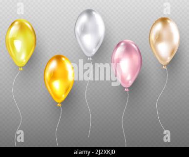 Helium Luftballons, fliegende bunte glänzende Objekte aus Gold, Silber, gelb und rosa Farbe, Dekoration für Feiertage, Geburtstag oder Party-Event isoliert Stock Vektor