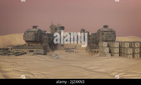 Verlassene außerirdische Außenposten in einer Wüstenlandschaft. Sci-Fi Fantasy Concept 3D Rendering.Space Fantasy Stockfoto