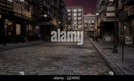 Alte 1920s Film Noir Stil Stadtstraße am Abend. 3D Abbildung. Stockfoto