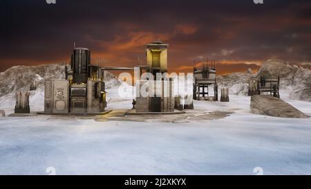 Abgelegener Bergbau-Außenposten in einer gefrorenen Landschaft. Abbildung Sci-Fi Concept 3D. Stockfoto