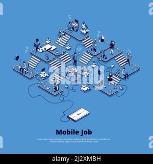 Banner für mobile Jobs. Konzept des Online-Geschäfts per Telefon, Karriere im digitalen Bereich, Mobile Marketing und Netzwerk. Vektor-isometrische Abbildung mit pe Stock Vektor