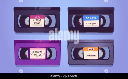 VHS-Kassetten, alte Bänder für Video-Home-System und Videorecorder. Vector Cartoon Set von Vintage-Kassetten mit leeren Etiketten Aufkleber. Retro-Videoband für Aufnahme m Stock Vektor