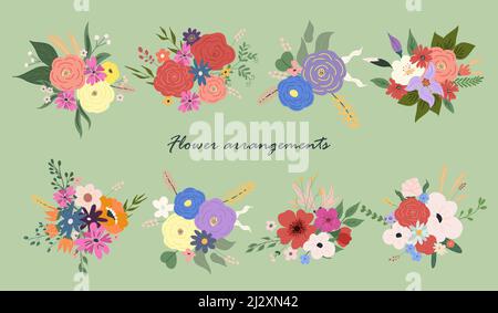 Sammlung Blumenarrangements. Blumensträuße mit geschnittenen Blüten und Blättern. Blumengeschenk im Frühling mit blühenden Pflanzen. Wunderschöner romantischer Haufen Stock Vektor
