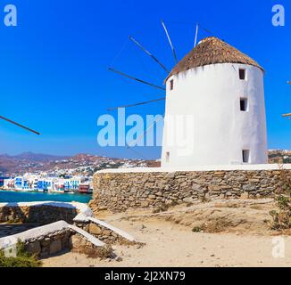 Windmühlen Kato Mili, Mykonos Stadt, Mykonos, Kykladen Inseln, Griechenland Stockfoto