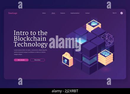 Einführung in die isometrische Landing Page der Blockchain-Technologie. Kryptowährung Mining-Konzept mit Rechenzentrum oder Serverraum Blöcke, Bitcoin, Schild, Schlüsselloch Stock Vektor