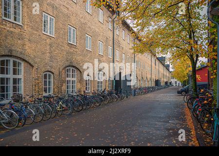 Viele parkten Fahrräder auf der Straße in der Nähe von alten dreistöckigen Häusern auf einer Insel in Dokøen Kopenhagen, Dänemark Stockfoto