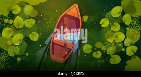 Sumpf mit Boot und Seerose Blätter Draufsicht. Vektor Cartoon Landschaft von grünen See oder Fluss Oberfläche mit Wasserpflanzen und leeren hölzernen Ruderboot wit Stock Vektor
