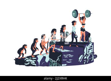 Frau Evolution Zeit Linie Vektor Cartoon Illustration Konzept Weibliche Entwicklung Prozess von Affen, erectus Primat, Steinzeit, Landwirt zu modernen fas Stock Vektor