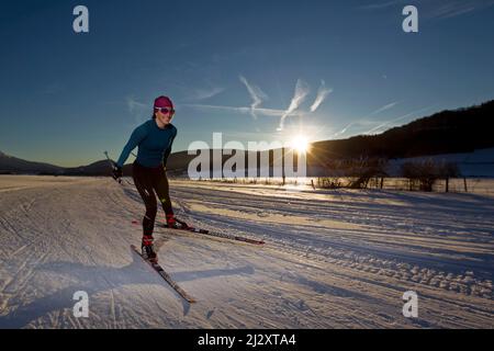 Frankreich, Departement Isere, Lans-en-Vercors (Südostfrankreich): Skilangläufer, Frau, allein, umgeben von der verschneiten Landschaft des Vercors Stockfoto