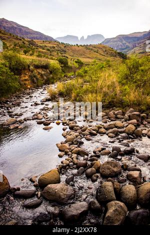 Später am Nachmittag Blick auf den Cowl Fork River mit dem Gipfel der Mönche Cowl im Hintergrund, im Injisuthi Abschnitt der Drakensberg Berge Stockfoto