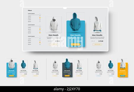 Vector UI Set von Produktkarten für den Online-Shop und E-Commerce mit Button und Preisschild. Banner-Vorlage mit Kleidung. Stock Vektor