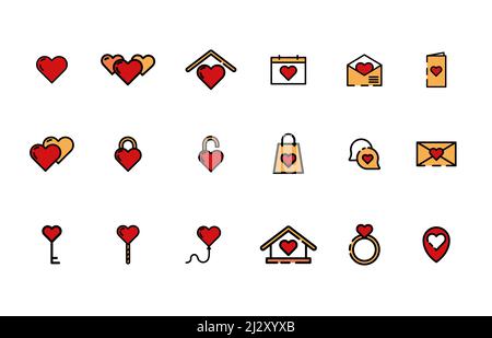 Gestaltung von Vektorsymbolen zum Thema „Valentinstag“. Vorlage von Herzen für den Urlaub auf weißem Hintergrund. Set mit Ball, Schlüssel, Brief, Schloss, Stock Vektor