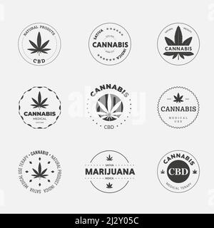 Grafisches lineares Logo auf weißem Hintergrund mit Sativa- und Indica-Cannabisblatt. Vektor-Label-Vorlage mit Bio-Hanf cbd und thc. Medizinisches Marihuana Stock Vektor