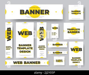 Rechteckige, quadratische, horizontale und vertikale Vektor-Webbanner mit gelben Kreisen auf weißem Hintergrund. Design mit abstraktem geometrischem Muster. Eingestellt Stock Vektor