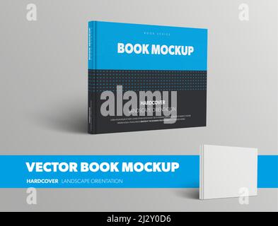 Schablone aus Vektor-Buch mit geschlossenem Stand, Vorderansicht, in blauem und schwarzem Hardcover, isoliert auf grauem Hintergrund. Mockup-Objekt in Standardgröße Landschaft Stock Vektor