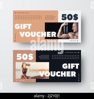 Vorlage aus schwarzem, weißem Geschenkgutschein, mit braunem Einleger und Pfeilen, mit Platz für Fotos. Präsentation des Designs der Vektor-Rabattkarte mit Abstrac Stock Vektor
