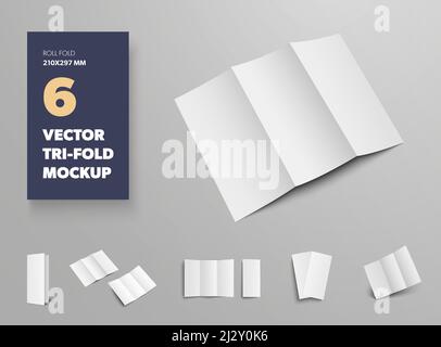 Modell von dreifach gefalzten, weißen, offenen und geschlossenen Broschüren für die Designpräsentation. Satz von Standardvorlagen für Geschäftsbroschüre mit realistischen Schatten Stock Vektor