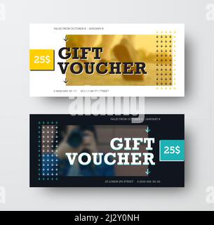 Schwarz-weiße Geschenkschablone, mit rechteckiger Einlage für ein Foto, mit Pfeilen, Zertifikat mit einem Sonderangebot. Präsentation des Designs von Stock Vektor