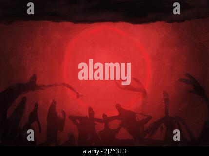 Scary Silhouette Charakter Menschen in hellem roten Licht aus Kreis, Geist Silhouette, bildende Kunst mit Expressionismus. Wandkunst, Wandbild Hintergrund gemalt i Stockfoto