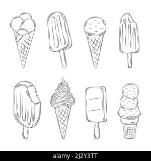 Vintage Ice Cream. Skizze icecream Objekte, Hand gezeichnet Eis Torte und Stick, Vanille Kegel und Eisbecher Schüssel Desserts, Vektor, Abbildung Stock Vektor