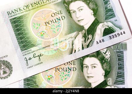 Alte £1 (1 Pfund) Note. Detailansicht der alten britischen £1-Note. Die Note wurde 1988 zurückgezogen, da sie nicht mehr als gesetzliches Zahlungsmittel gilt oder in Umlauf ist. Stockfoto