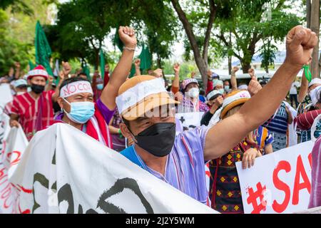 Chiang Mai, Thailand. 04. April 2022. Während des Protestes gegen ein Kohlebergbauprojekt vor dem Verwaltungsgericht machen Demonstranten Gesten, während sie ein Banner halten. Kredit: SOPA Images Limited/Alamy Live Nachrichten Stockfoto