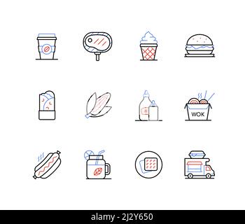 Essen zum Mitnehmen und Menü – Symbole im Liniendesign Stock Vektor