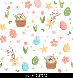 Ostern im Frühling mit niedlichen Elementen - verzierte Eier und Blumen. Vektor-Illustration im flachen Cartoon-Stil Stock Vektor