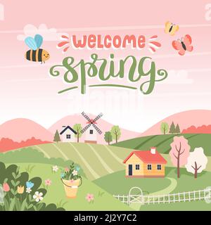 Willkommen Frühling - Landschaft mit Bäumen, Feldern, Häusern und Windmühle. Handgezeichnete Schriftzüge. Osterhintergrund, Landschaft. Vektor Stock Vektor