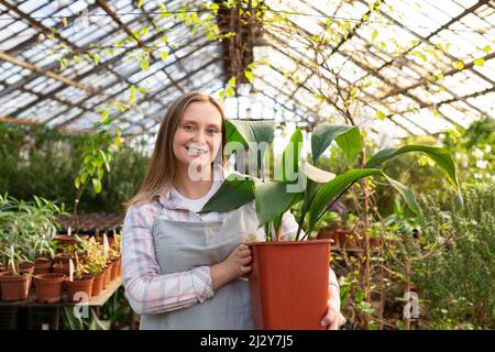 Junge Frau mit einer großen grünen Blume in einem Gewächshaus - sie blickt auf die Kamera und lächelt. Stockfoto