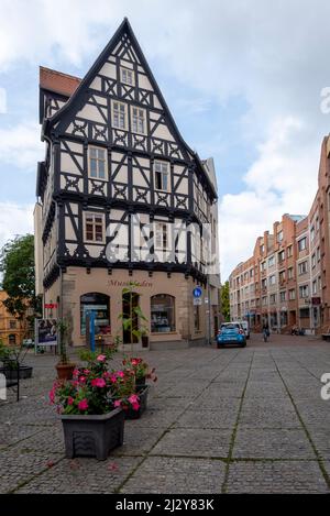 Historisches Fachwerkhaus, daneben neu gestaltete Fertighäuser, Grasweg, Halle an der Saale, Sachsen-Anhalt, Deutschland Stockfoto