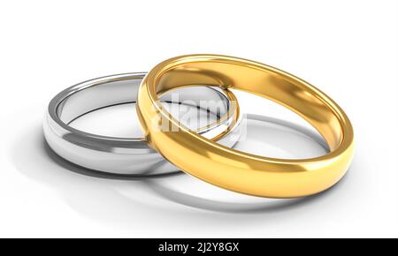 Eheringe in Silber und Gold. 3D Rendern Stockfoto