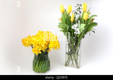 Blumensträuße in Vase Geschenk zum Muttertag - Tulpen und Narzissen Stockfoto