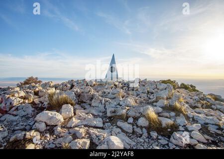 Top of Guadalupe Peak Texas, Summit Sign, American Airlines Summit Monument, Texas State High Point, Guadalupe Mountains National Park, Stockfoto