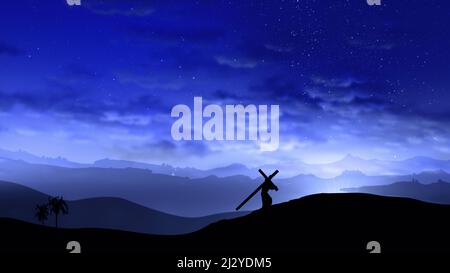 Jesus Christus steigt den Hügel hinauf mit dem Kreuz hinter ihm. Ostern, Auferstehung, Kalvarienberg, Erlösung Konzept. Stockfoto