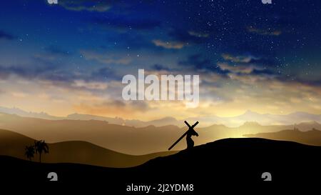 Jesus Christus steigt den Hügel hinauf mit dem Kreuz hinter ihm. Ostern, Auferstehung, Kalvarienberg, Erlösung Konzept. Stockfoto