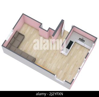 Die drei-Zimmer-Wohnung Layout isoliert auf einem weißen Hintergrund Stockfoto