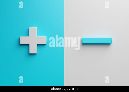 Negative und positive oder Plus- und Minus-Symbole auf weißem und blauem Hintergrund. Vor- und Nachteile oder Entscheidungsfindung unter dem Konzept der Unsicherheit. Stockfoto