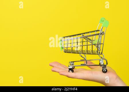Leerer Warenkorb auf weiblicher Hand. Shopping-Thema. Kleiner Trolley isoliert auf einem hellgelben Hintergrund. Konsumentenkonzept, Kopierbereich. Stockfoto