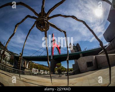 Kunstwerk in Form einer Spinne vor dem Guggenheim-Museum in Bilbao Stockfoto