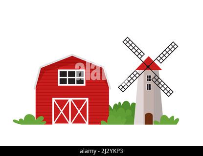 Farm und Windmühle in flachem Stil isoliert auf weißem Hintergrund EPS 10 Stock Vektor