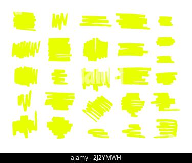 Vektor-Set-Paket von neongelben Textmarker Pinsellinien auf weißem Hintergrund isoliert Stock Vektor