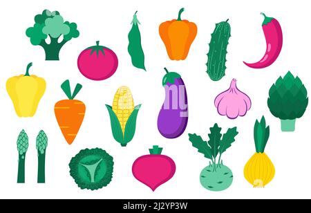 Set von Bio-Gemüse isoliert auf weißem Hintergrund. Gesunder Lebensstil. Vektorgrafik im flachen Stil. Stock Vektor