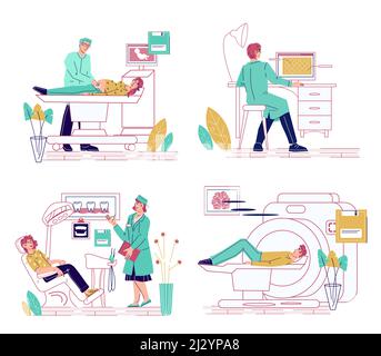 Medizinische Untersuchung und Diagnostik mit Röntgen- und MRI-Geräten. Ärzte, die Patienten mit Röntgen- und Computertomographie-, MRI- und Ultraschallgeräten untersuchen, Stock Vektor