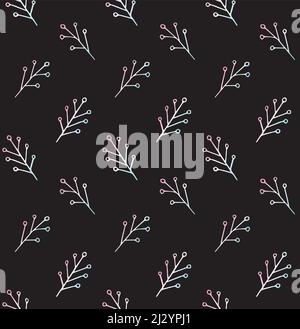 Vektor nahtloses Muster von holographischen handgezeichneten Doodle Baum Zweige auf schwarzem Hintergrund isoliert. Illustration für Winterweihnachtszeit Stock Vektor